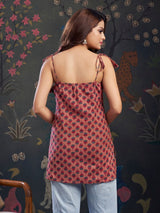Women's Pink Floral Color with Tie-Knot Shoulder Short Kurti