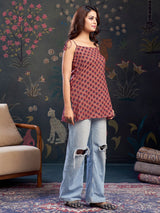 Women's Pink Floral Color with Tie-Knot Shoulder Short Kurti
