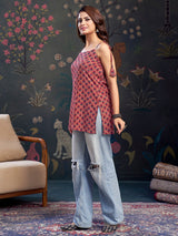 Women's Pink Floral Color with Tie-Knot Shoulder Short Kurti