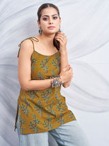 Women's Camel Brown and Green Color with Floral Print with Tie-Knot Shoulder Short Kurti