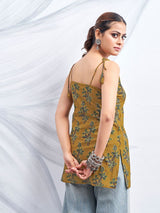 Women's Camel Brown and Green Color with Floral Print with Tie-Knot Shoulder Short Kurti