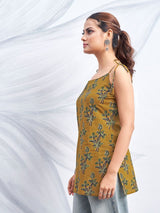 Women's Camel Brown and Green Color with Floral Print with Tie-Knot Shoulder Short Kurti