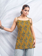 Women's Camel Brown and Green Color with Floral Print with Tie-Knot Shoulder Short Kurti