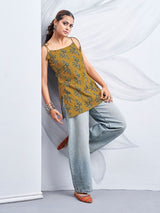Women's Camel Brown and Green Color with Floral Print with Tie-Knot Shoulder Short Kurti