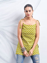 Women's Green Color with White Floral Print and Tie-Knot Shoulder Short Kurti