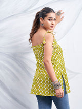 Women's Green Color with White Floral Print and Tie-Knot Shoulder Short Kurti