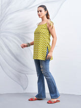 Women's Green Color with White Floral Print and Tie-Knot Shoulder Short Kurti