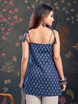 Women's Navy Blue Color and Blue Floral Print with Tie-Knot Shoulder Short Kurti