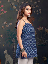 Women's Navy Blue Color and Blue Floral Print with Tie-Knot Shoulder Short Kurti