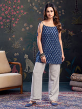 Women's Navy Blue Color and Blue Floral Print with Tie-Knot Shoulder Short Kurti