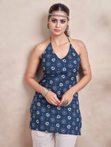 Women's Indigo Color with Basic Print and Tie Backless Short Kurti
