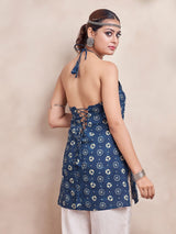 Women's Indigo Color with Basic Print and Tie Backless Short Kurti