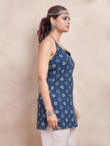 Women's Indigo Color with Basic Print and Tie Backless Short Kurti