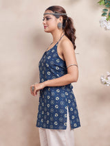 Women's Indigo Color with Basic Print and Tie Backless Short Kurti