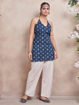 Women's Indigo Color with Basic Print and Tie Backless Short Kurti