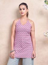 Women's Pink Color with Floral Print and Tie Backless Short Kurti