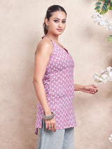 Women's Pink Color with Floral Print and Tie Backless Short Kurti