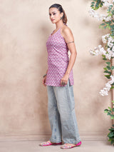 Women's Pink Color with Floral Print and Tie Backless Short Kurti