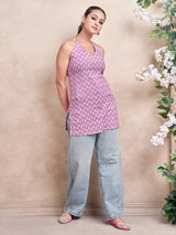 Women's Pink Color with Floral Print and Tie Backless Short Kurti