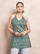 Women's Green Color with Yellow Block Floral Print and Tie Backless Short Kurti
