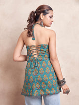 Women's Green Color with Yellow Block Floral Print and Tie Backless Short Kurti