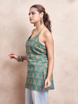 Women's Green Color with Yellow Block Floral Print and Tie Backless Short Kurti