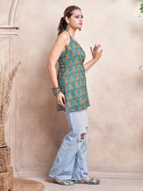 Women's Green Color with Yellow Block Floral Print and Tie Backless Short Kurti