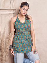 Women's Green Color with Yellow Block Floral Print and Tie Backless Short Kurti