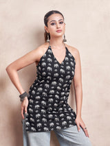 Women's Black Color with White Elephant Animal Print and Tie Backless Short Kurti