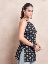 Women's Black Color with White Elephant Animal Print and Tie Backless Short Kurti