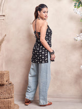 Women's Black Color with White Elephant Animal Print and Tie Backless Short Kurti