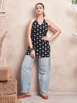 Women's Black Color with White Elephant Animal Print and Tie Backless Short Kurti