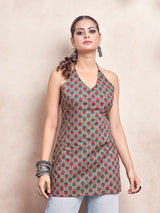 Women's Olive Color with Red Floral Print and Tie Backless Short Kurti