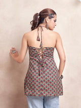 Women's Olive Color with Red Floral Print and Tie Backless Short Kurti