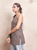 Women's Olive Color with Red Floral Print and Tie Backless Short Kurti