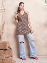 Women's Olive Color with Red Floral Print and Tie Backless Short Kurti