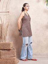 Women's Olive Color with Red Floral Print and Tie Backless Short Kurti