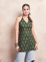 Women's Green Color with Fern Printed Tie Backless Short Kurti