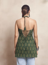 Women's Green Color with Fern Printed Tie Backless Short Kurti