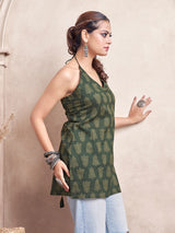 Women's Green Color with Fern Printed Tie Backless Short Kurti