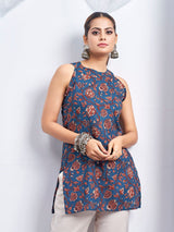 Women's Blue Color Backless with Brown Floral Block Print Short Kurti