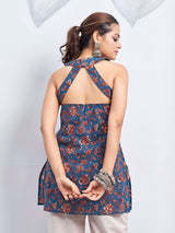 Women's Blue Color Backless with Brown Floral Block Print Short Kurti