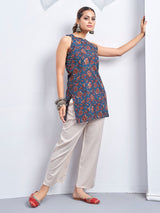 Women's Blue Color Backless with Brown Floral Block Print Short Kurti