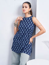 Women's Blue Color Backless with Floral Block Print Short Kurti