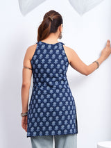 Women's Blue Color Backless with Floral Block Print Short Kurti