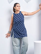 Women's Blue Color Backless with Floral Block Print Short Kurti