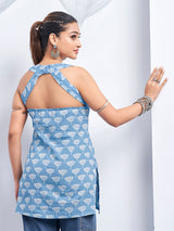 Women's Blue Color Backless with White Floral Print Short Kurti
