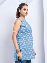 Women's Blue Color Backless with White Floral Print Short Kurti