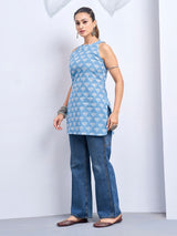 Women's Blue Color Backless with White Floral Print Short Kurti