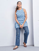 Women's Blue Color Backless with White Floral Print Short Kurti